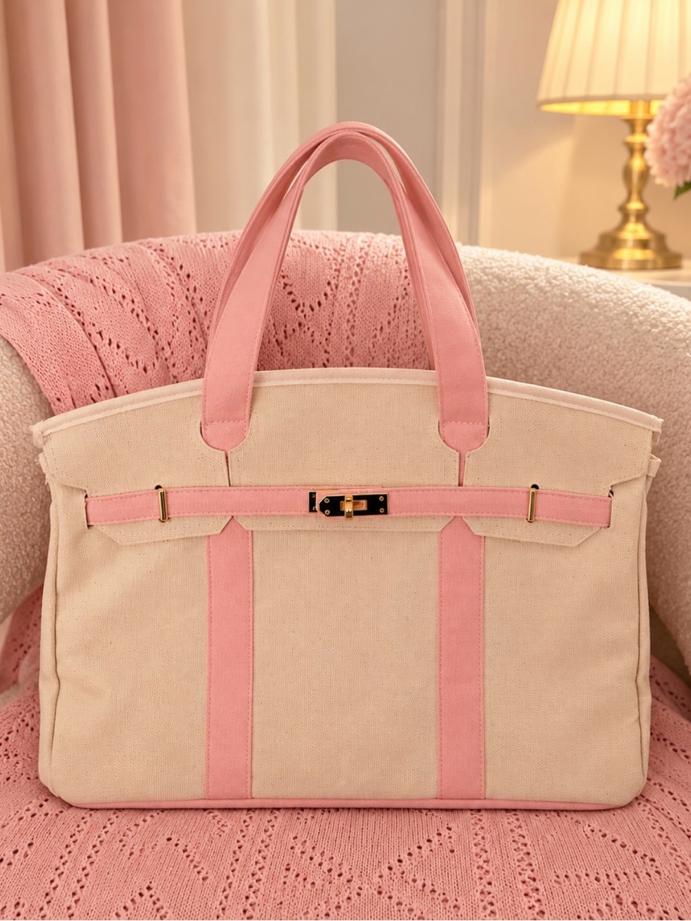 Boatkin Canvas Tote Bag with Pink Trim